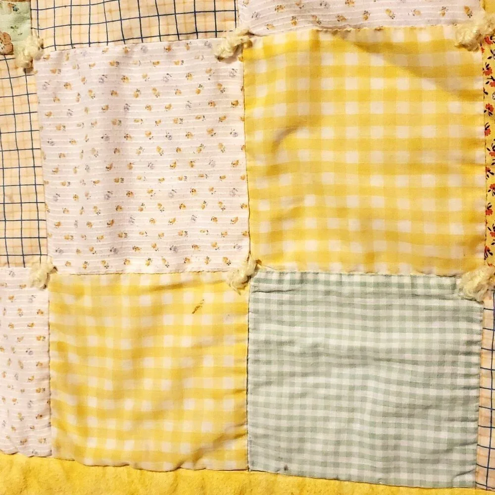 VTG Quilted Patchwork Baby Crib Blanket Yellow & Cute Cat Design 51